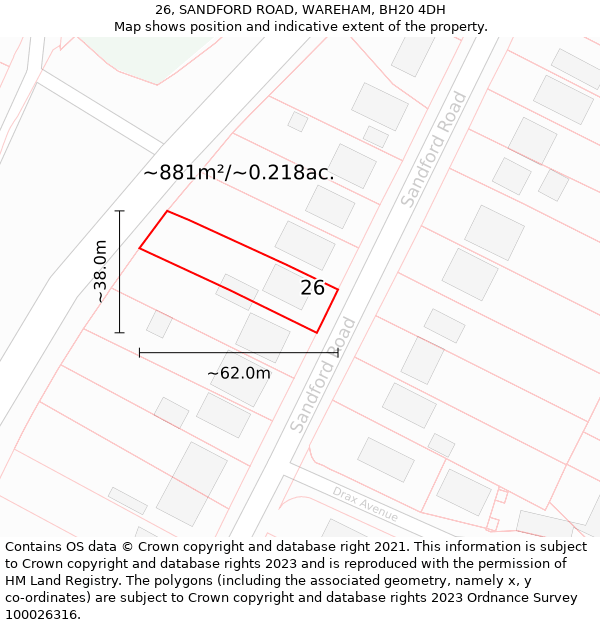 26, SANDFORD ROAD, WAREHAM, BH20 4DH: Plot and title map