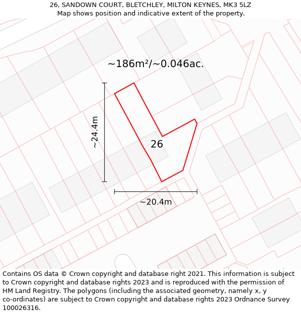 26, SANDOWN COURT, BLETCHLEY, MILTON KEYNES, MK3 5LZ: Plot and title map