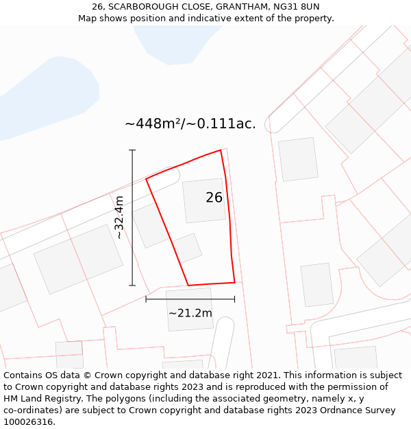 26, SCARBOROUGH CLOSE, GRANTHAM, NG31 8UN: Plot and title map