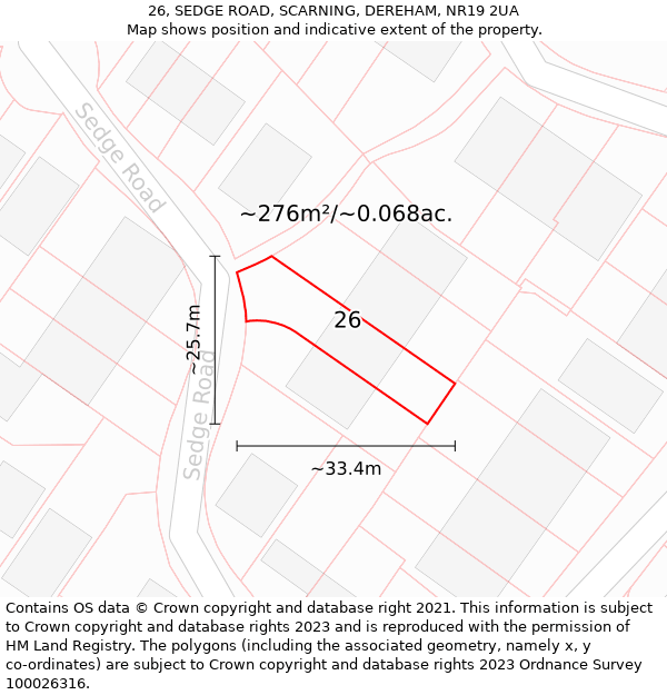 26, SEDGE ROAD, SCARNING, DEREHAM, NR19 2UA: Plot and title map