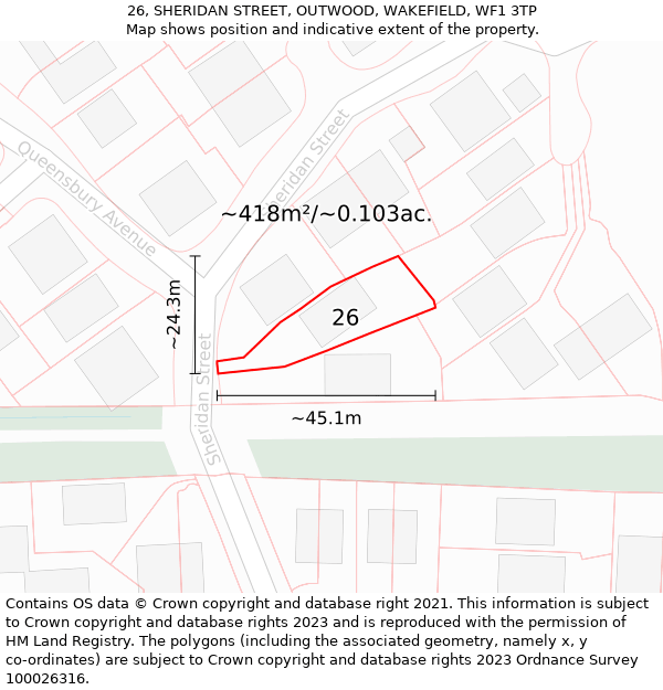 26, SHERIDAN STREET, OUTWOOD, WAKEFIELD, WF1 3TP: Plot and title map