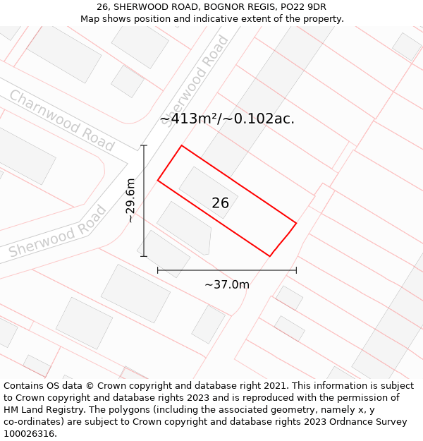 26, SHERWOOD ROAD, BOGNOR REGIS, PO22 9DR: Plot and title map