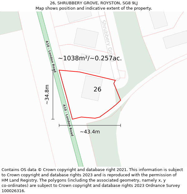 26, SHRUBBERY GROVE, ROYSTON, SG8 9LJ: Plot and title map