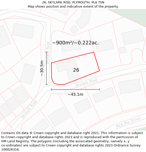 26, SKYLARK RISE, PLYMOUTH, PL6 7SN: Plot and title map