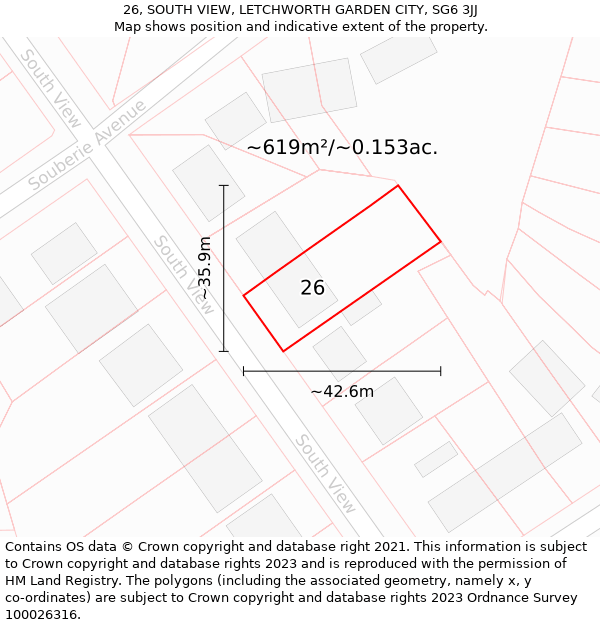 26, SOUTH VIEW, LETCHWORTH GARDEN CITY, SG6 3JJ: Plot and title map