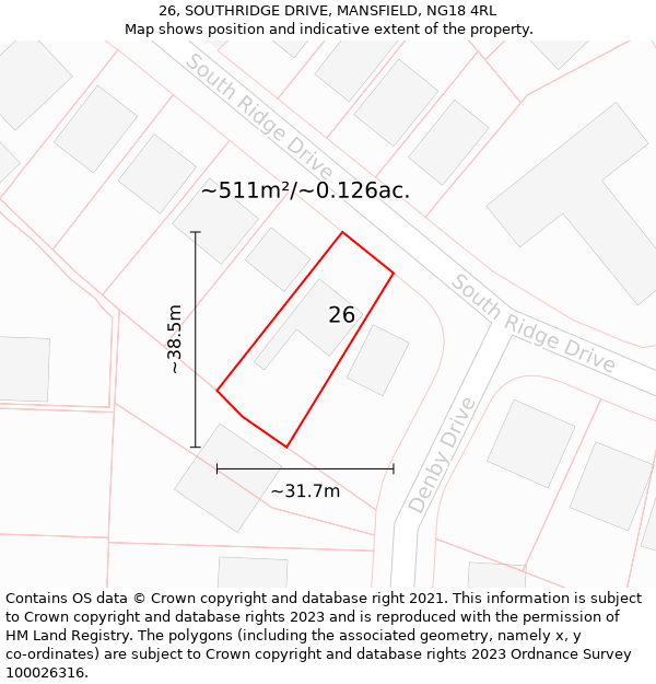 26, SOUTHRIDGE DRIVE, MANSFIELD, NG18 4RL: Plot and title map