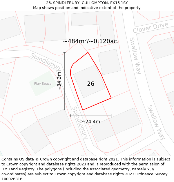 26, SPINDLEBURY, CULLOMPTON, EX15 1SY: Plot and title map