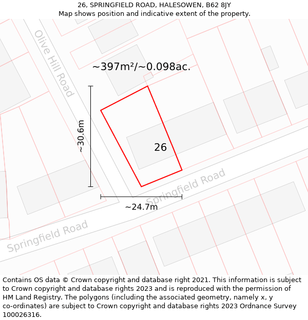 26, SPRINGFIELD ROAD, HALESOWEN, B62 8JY: Plot and title map