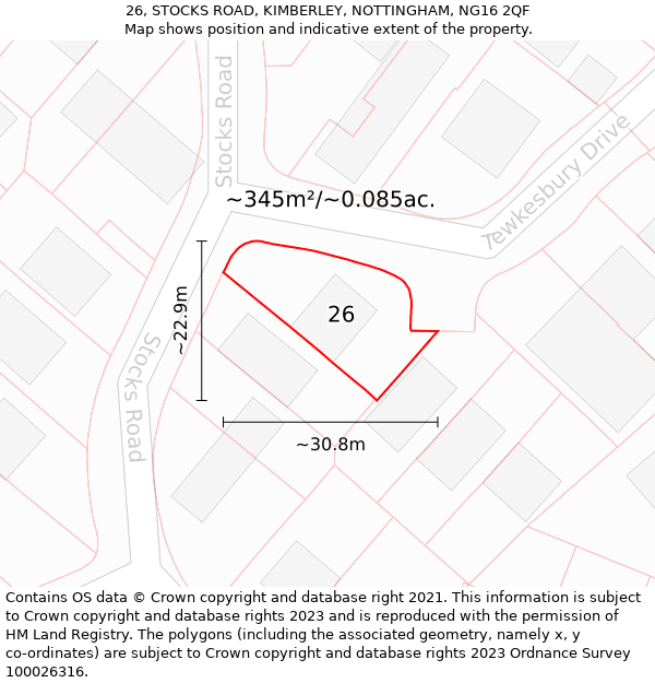 26, STOCKS ROAD, KIMBERLEY, NOTTINGHAM, NG16 2QF: Plot and title map