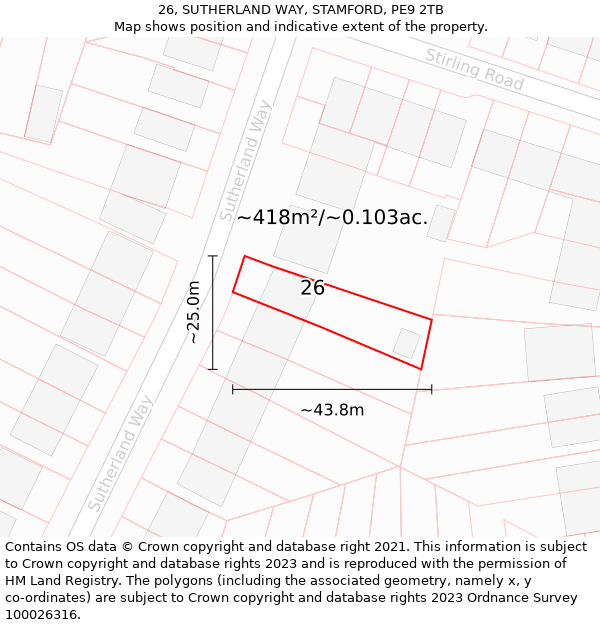 26, SUTHERLAND WAY, STAMFORD, PE9 2TB: Plot and title map