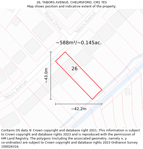 26, TABORS AVENUE, CHELMSFORD, CM2 7ES: Plot and title map