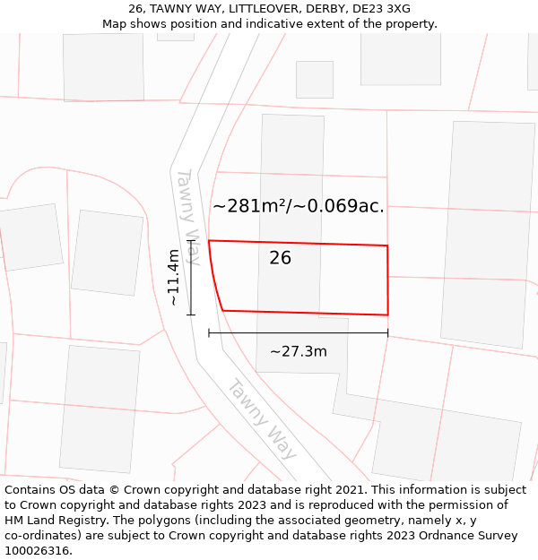 26, TAWNY WAY, LITTLEOVER, DERBY, DE23 3XG: Plot and title map