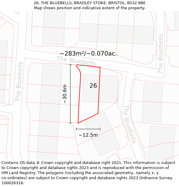 26, THE BLUEBELLS, BRADLEY STOKE, BRISTOL, BS32 8BE: Plot and title map