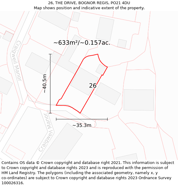 26, THE DRIVE, BOGNOR REGIS, PO21 4DU: Plot and title map