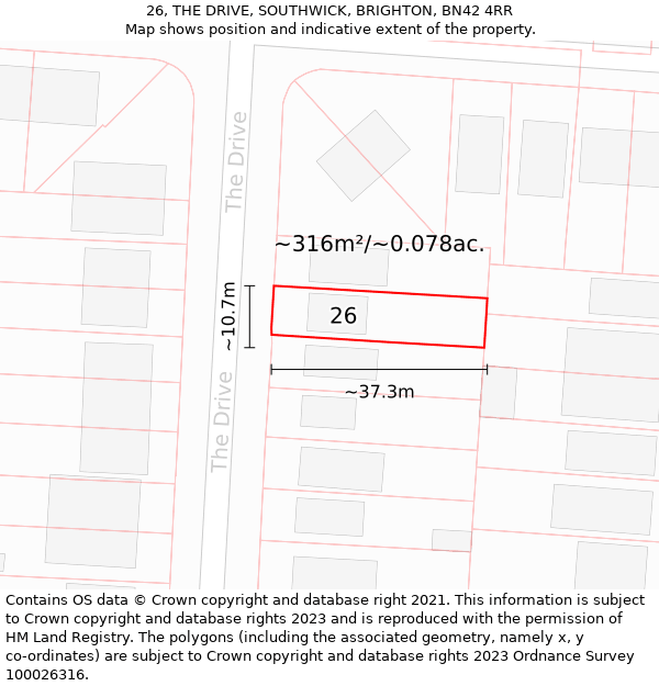 26, THE DRIVE, SOUTHWICK, BRIGHTON, BN42 4RR: Plot and title map