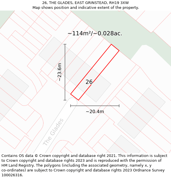 26, THE GLADES, EAST GRINSTEAD, RH19 3XW: Plot and title map