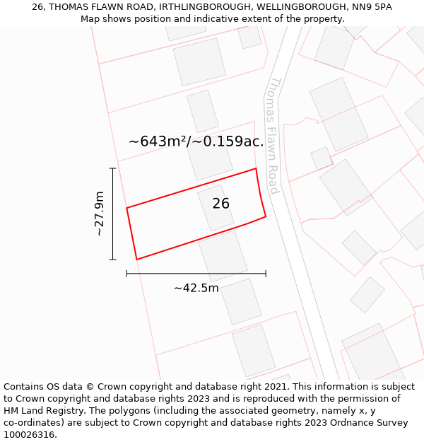 26, THOMAS FLAWN ROAD, IRTHLINGBOROUGH, WELLINGBOROUGH, NN9 5PA: Plot and title map