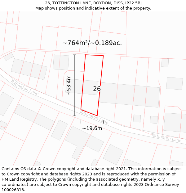 26, TOTTINGTON LANE, ROYDON, DISS, IP22 5BJ: Plot and title map