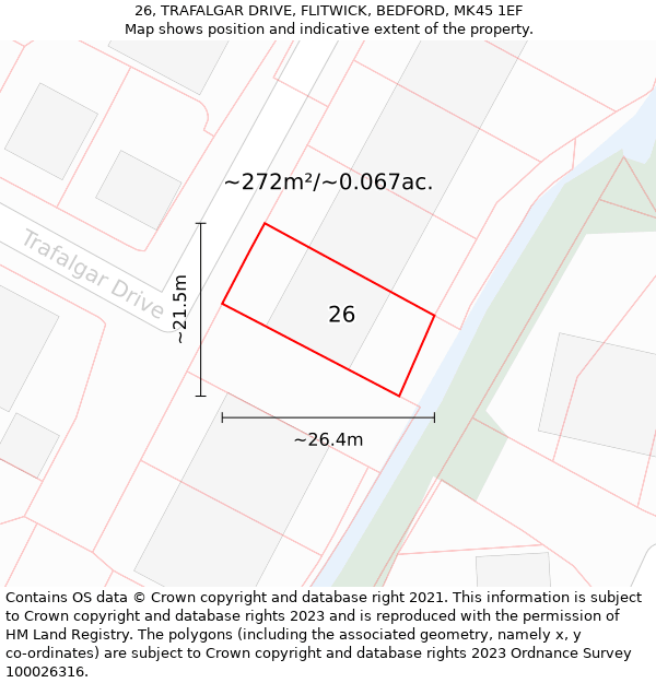 26, TRAFALGAR DRIVE, FLITWICK, BEDFORD, MK45 1EF: Plot and title map