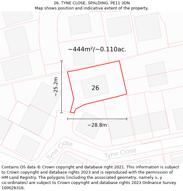 26, TYNE CLOSE, SPALDING, PE11 3DN: Plot and title map