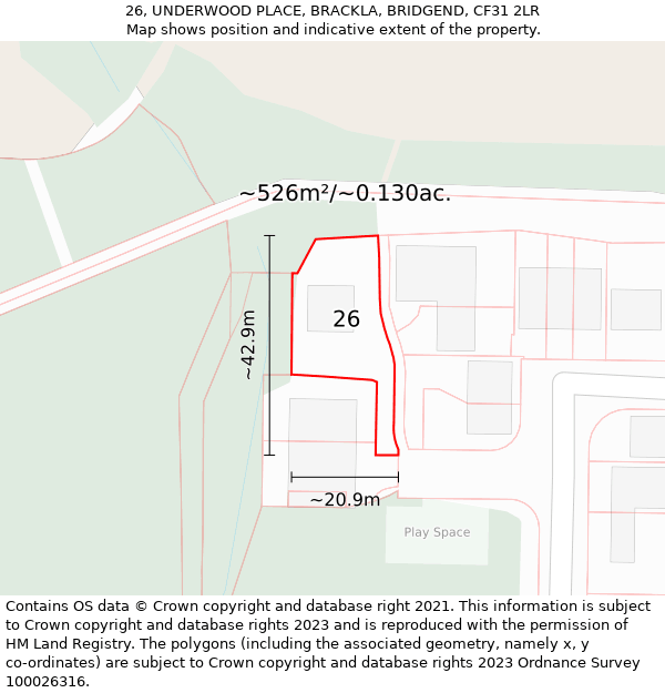 26, UNDERWOOD PLACE, BRACKLA, BRIDGEND, CF31 2LR: Plot and title map