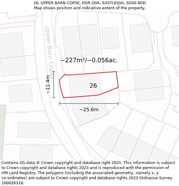 26, UPPER BARN COPSE, FAIR OAK, EASTLEIGH, SO50 8DD: Plot and title map