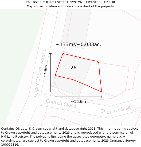 26, UPPER CHURCH STREET, SYSTON, LEICESTER, LE7 1HR: Plot and title map