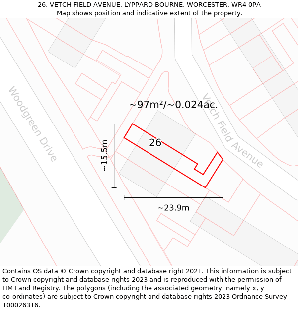 26, VETCH FIELD AVENUE, LYPPARD BOURNE, WORCESTER, WR4 0PA: Plot and title map