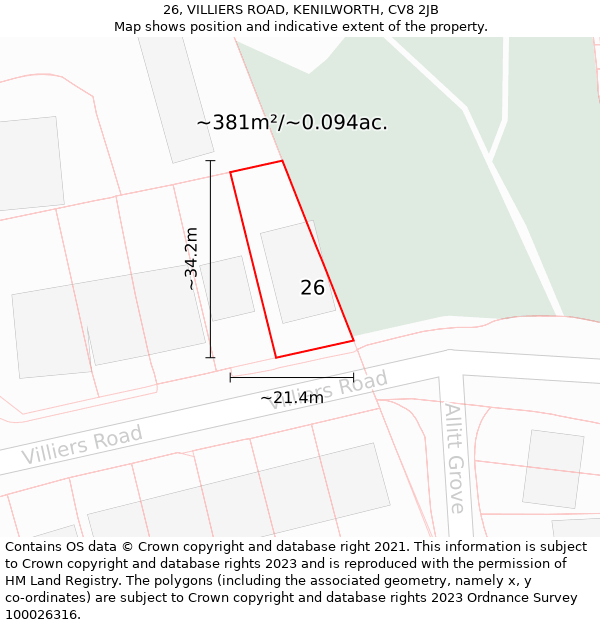 26, VILLIERS ROAD, KENILWORTH, CV8 2JB: Plot and title map