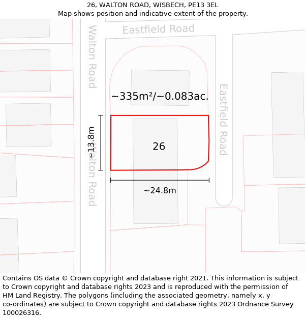 26, WALTON ROAD, WISBECH, PE13 3EL: Plot and title map