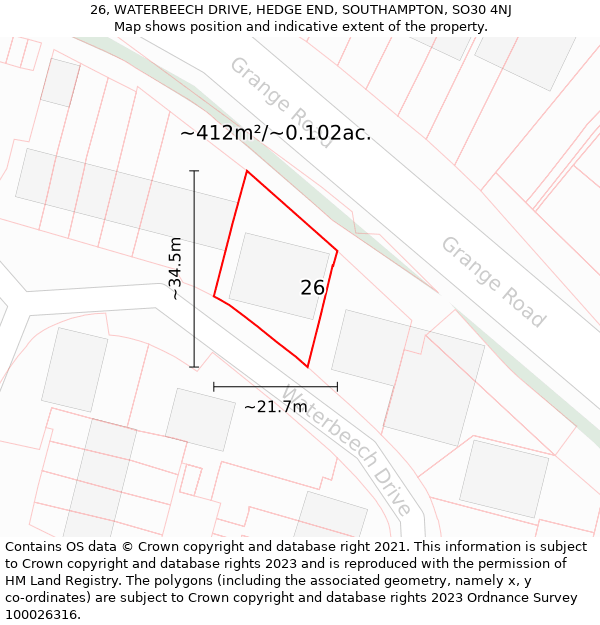 26, WATERBEECH DRIVE, HEDGE END, SOUTHAMPTON, SO30 4NJ: Plot and title map