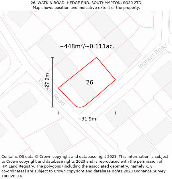 26, WATKIN ROAD, HEDGE END, SOUTHAMPTON, SO30 2TD: Plot and title map