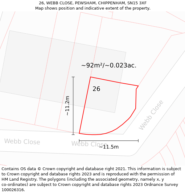 26, WEBB CLOSE, PEWSHAM, CHIPPENHAM, SN15 3XF: Plot and title map