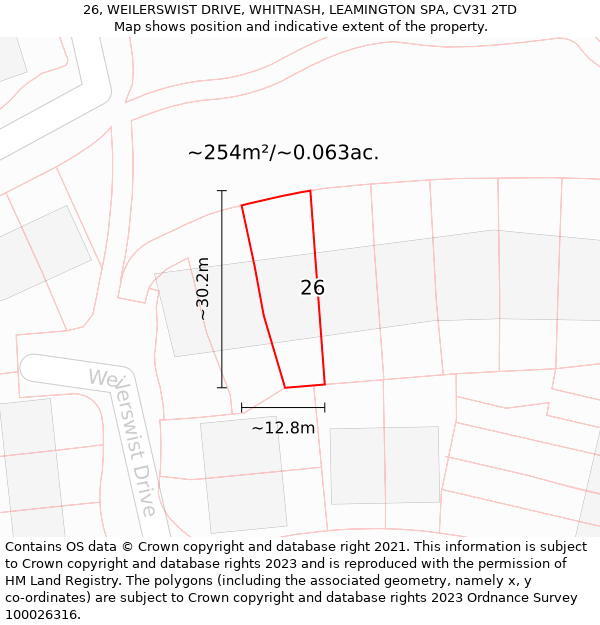 26, WEILERSWIST DRIVE, WHITNASH, LEAMINGTON SPA, CV31 2TD: Plot and title map