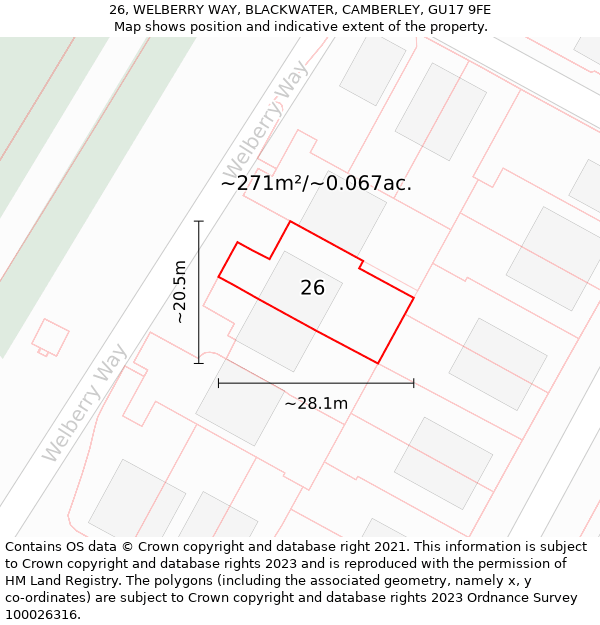 26, WELBERRY WAY, BLACKWATER, CAMBERLEY, GU17 9FE: Plot and title map