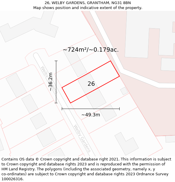 26, WELBY GARDENS, GRANTHAM, NG31 8BN: Plot and title map