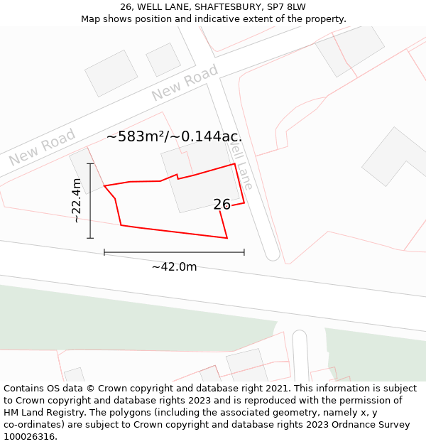 26, WELL LANE, SHAFTESBURY, SP7 8LW: Plot and title map