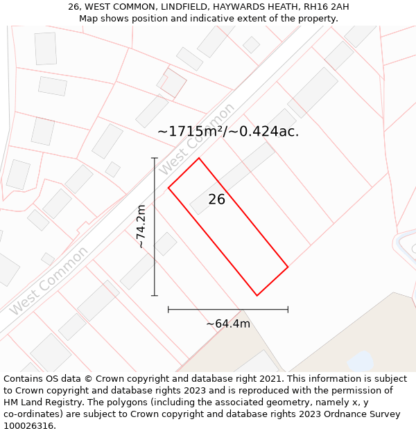 26, WEST COMMON, LINDFIELD, HAYWARDS HEATH, RH16 2AH: Plot and title map