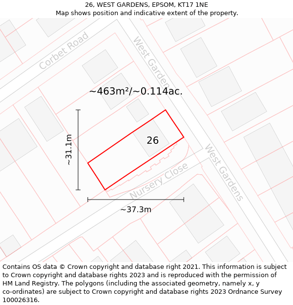 26, WEST GARDENS, EPSOM, KT17 1NE: Plot and title map