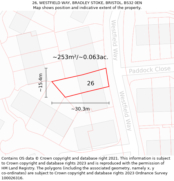 26, WESTFIELD WAY, BRADLEY STOKE, BRISTOL, BS32 0EN: Plot and title map