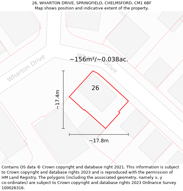 26, WHARTON DRIVE, SPRINGFIELD, CHELMSFORD, CM1 6BF: Plot and title map