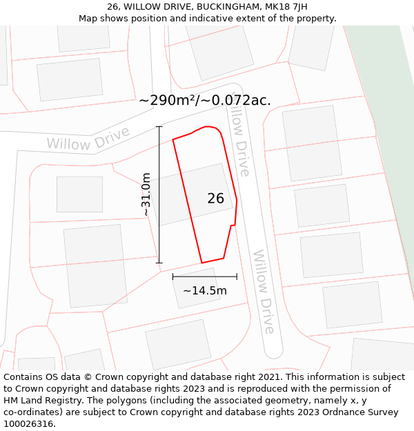 26, WILLOW DRIVE, BUCKINGHAM, MK18 7JH: Plot and title map