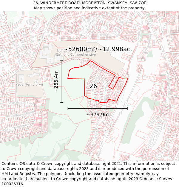 26, WINDERMERE ROAD, MORRISTON, SWANSEA, SA6 7QE: Plot and title map