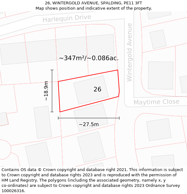 26, WINTERGOLD AVENUE, SPALDING, PE11 3FT: Plot and title map