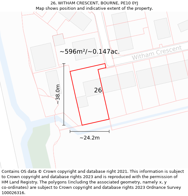 26, WITHAM CRESCENT, BOURNE, PE10 0YJ: Plot and title map