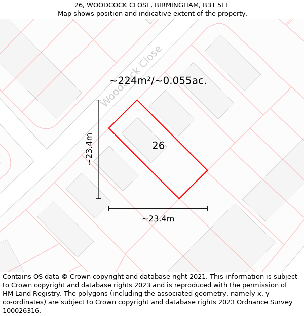 26, WOODCOCK CLOSE, BIRMINGHAM, B31 5EL: Plot and title map