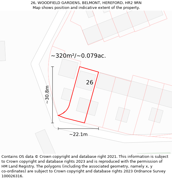 26, WOODFIELD GARDENS, BELMONT, HEREFORD, HR2 9RN: Plot and title map