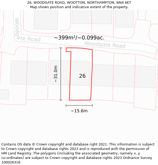 26, WOODGATE ROAD, WOOTTON, NORTHAMPTON, NN4 6ET: Plot and title map