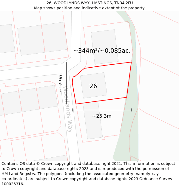 26, WOODLANDS WAY, HASTINGS, TN34 2FU: Plot and title map