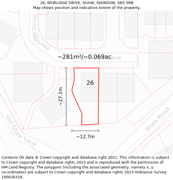 26, WORLIDGE DRIVE, SHAW, SWINDON, SN5 5RB: Plot and title map